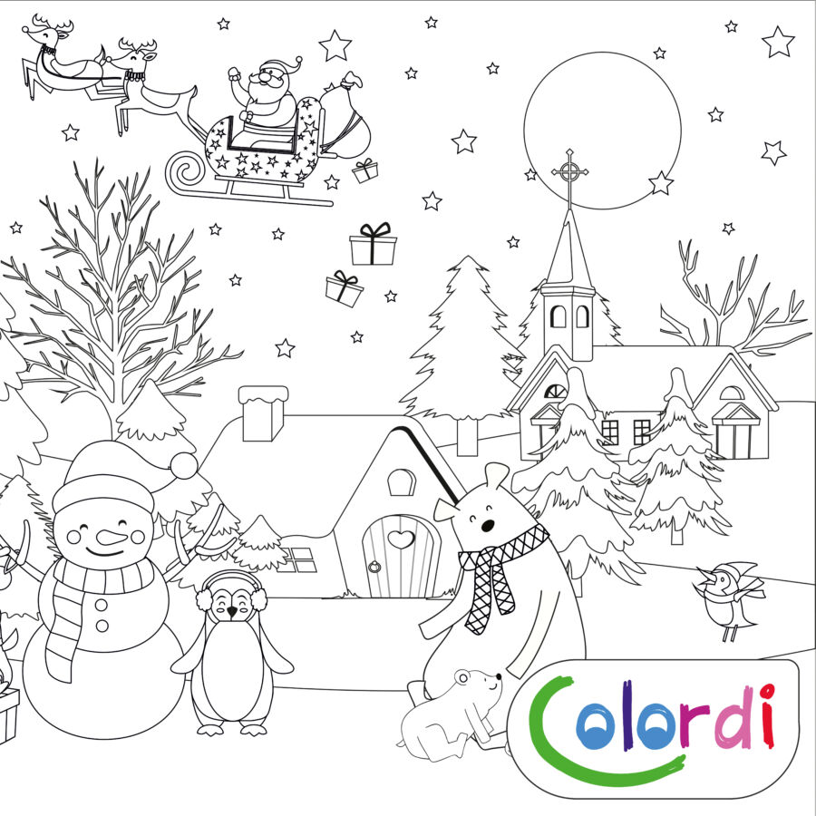 karácsonyi hangulatú színező jobb oldala, házzal, hóemberrel és macival