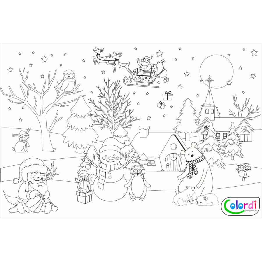 karácsonyi hangulatú színező Mikulással, házzal, hóemberrel, rókával, macival és nyuszival