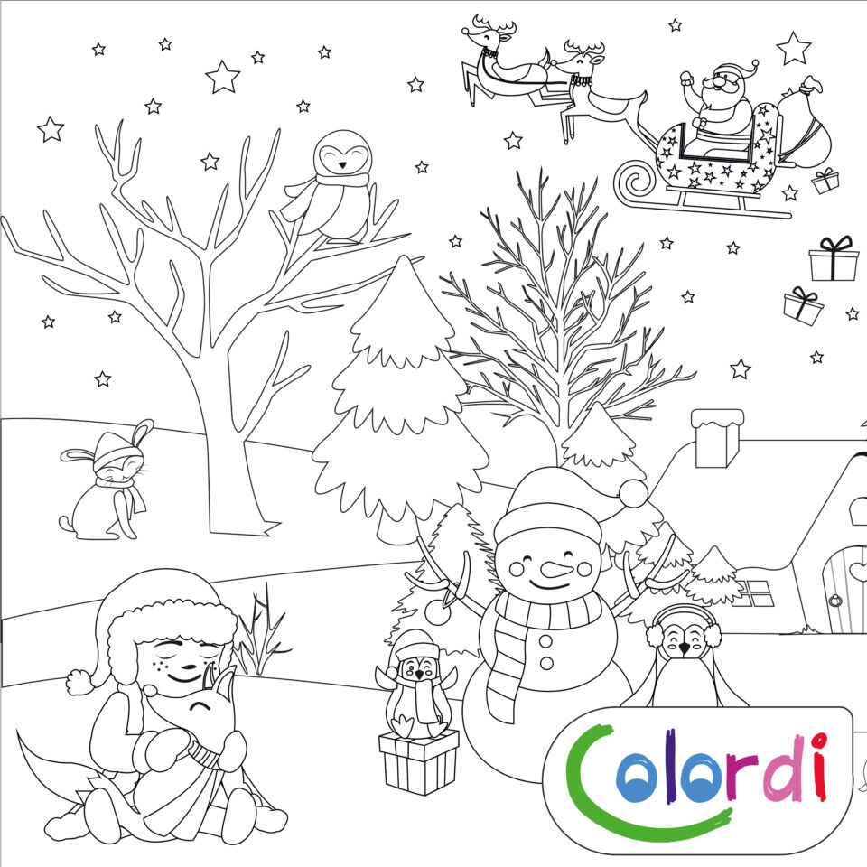 karácsonyi erdős színező bal oldala, mikulás szánnal, rókával és nyuszival