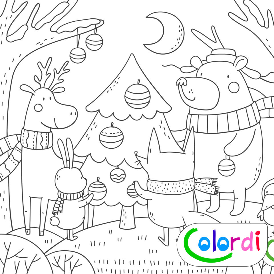 karácsonyi erdős színező róka, nyuszi, szarvas, maci, madár díszíti a fát